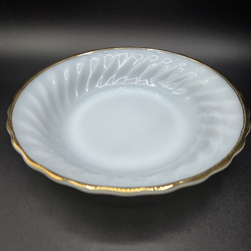 Vintage Anchor Hocking Fire King Milk Glass Swirl 7.5" Gold Rim Serving Bowl